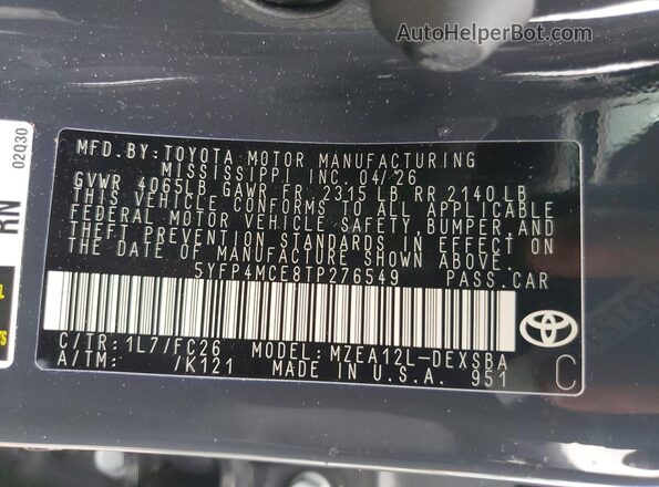 5YFP4MCE8TP276549 2026 TOYOTA COROLLA Gray VIN კოდის სტიკერის ხედი