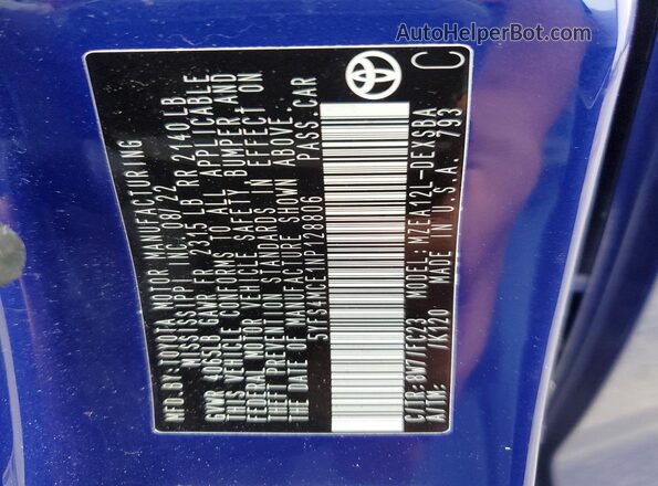 5YFS4MCE1NP128806 2022 TOYOTA COROLLA Blue Vista de la etiqueta del VIN