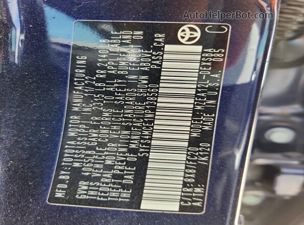 5YFS4MCE1NP138560 2022 TOYOTA COROLLA Blue Շարժիչի բաժամունքի տեսք