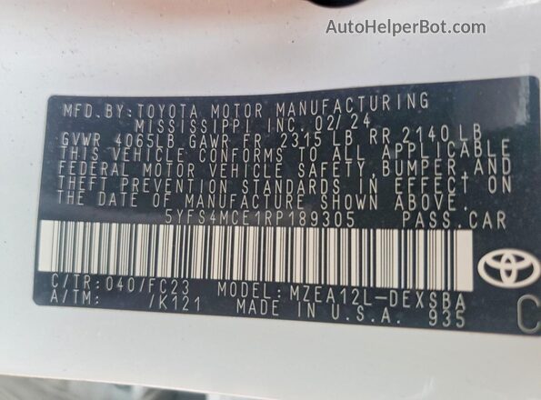 5YFS4MCE1RP189305 2024 TOYOTA COROLLA White Widok naklejki z numerem VIN