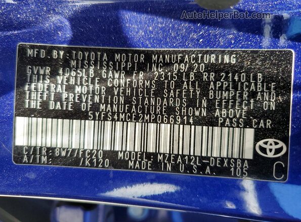 5YFS4MCE2MP066914 2021 TOYOTA COROLLA Blue Вид наклейки з VIN-кодом