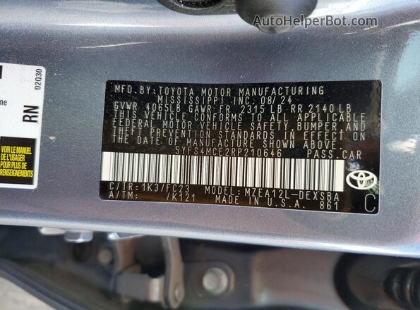 5YFS4MCE2RP210646 2024 TOYOTA COROLLA Blue Widok komory silnika