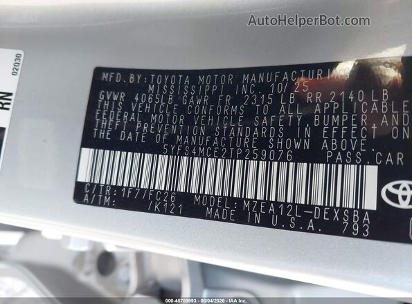 5YFS4MCE2TP259076 2026 TOYOTA COROLLA Silver Widok komory silnika