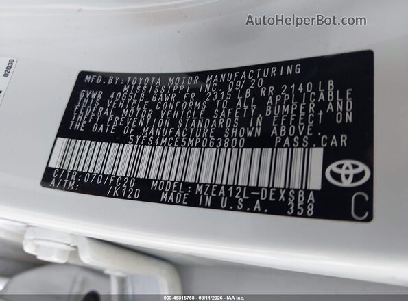 5YFS4MCE5MP063800 2021 TOYOTA COROLLA White Engine compartment view