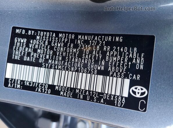5YFS4MCE5NP106758 2022 TOYOTA COROLLA Blue Engine compartment view
