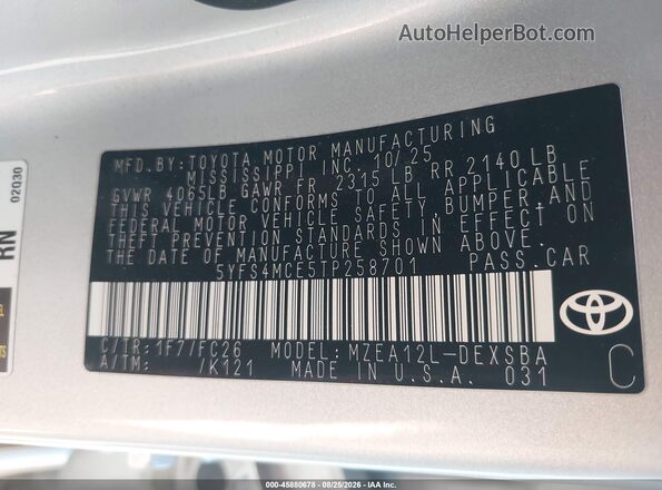 5YFS4MCE5TP258701 2026 TOYOTA COROLLA Silver Вид підкапотного простору