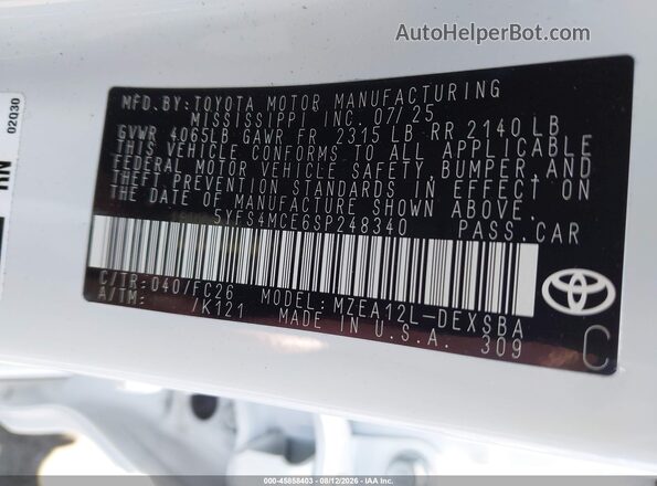 5YFS4MCE6SP248340 2025 TOYOTA COROLLA White Widok komory silnika