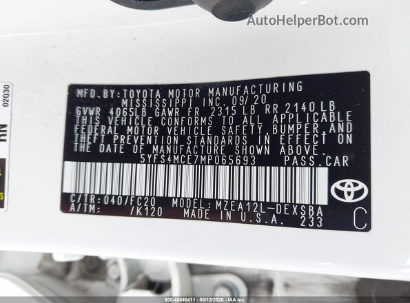 5YFS4MCE7MP065693 2021 TOYOTA COROLLA White Вид підкапотного простору