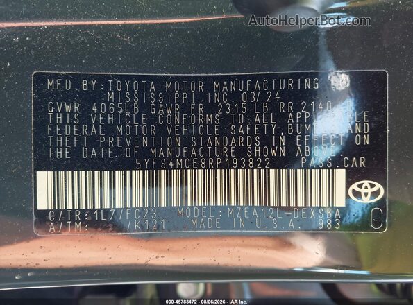 5YFS4MCE8RP193822 2024 TOYOTA COROLLA Gray Շարժիչի բաժամունքի տեսք