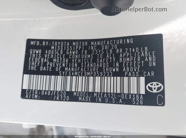 5YFS4MCE9MP059233 2021 TOYOTA COROLLA White ძრავის განყოფილების ხედი