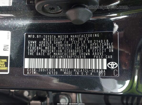 5YFS4MCE9NP126818 2022 TOYOTA COROLLA Black Вид підкапотного простору