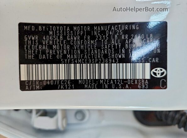 5YFS4MCE9SP236943 2025 TOYOTA COROLLA Белый Вид подкапотного пространства