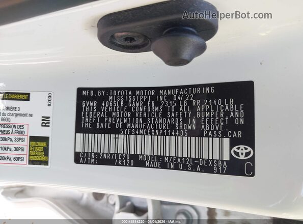 5YFS4MCEXNP114435 2022 TOYOTA COROLLA White Engine compartment view