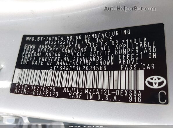 5YFS4RCE1LP031566 2020 TOYOTA COROLLA Silver Widok komory silnika