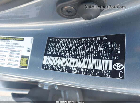 5YFS4RCE3LP031519 2020 TOYOTA COROLLA Blue Engine compartment view