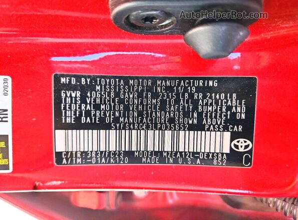 5YFS4RCE3LP035652 2020 TOYOTA COROLLA Красный Вид подкапотного пространства