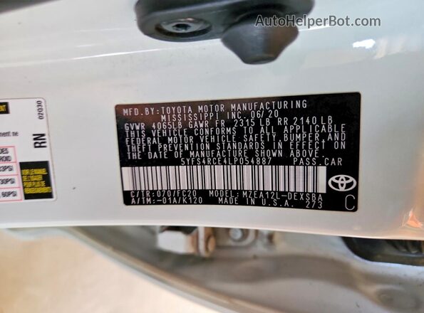 5YFS4RCE4LP054887 2020 TOYOTA COROLLA White VIN sticker view