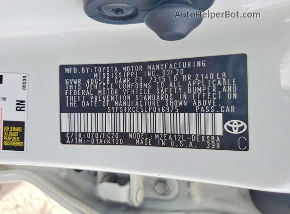 5YFS4RCE5LP046975 2020 TOYOTA COROLLA White Engine compartment view
