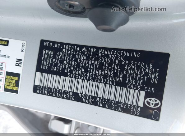 5YFS4RCE5LP047401 2020 TOYOTA COROLLA Silver Vista del compartimento del motor