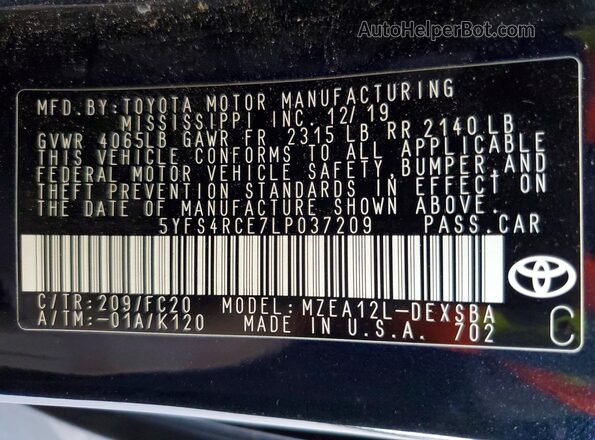 5YFS4RCE7LP037209 2020 TOYOTA COROLLA Black Engine compartment view