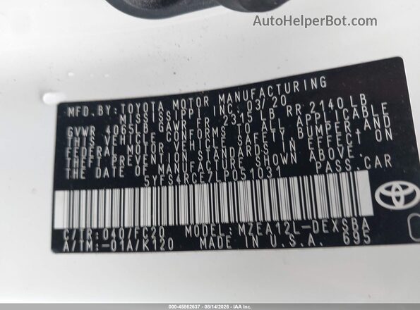 5YFS4RCE7LP051031 2020 TOYOTA COROLLA White Շարժիչի բաժամունքի տեսք