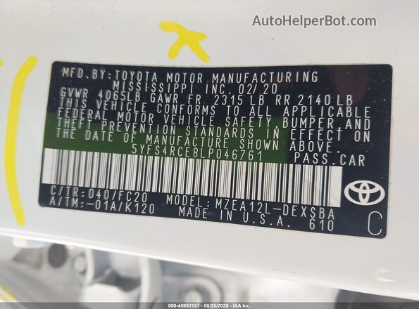 5YFS4RCE8LP046761 2020 TOYOTA COROLLA Белый Вид подкапотного пространства