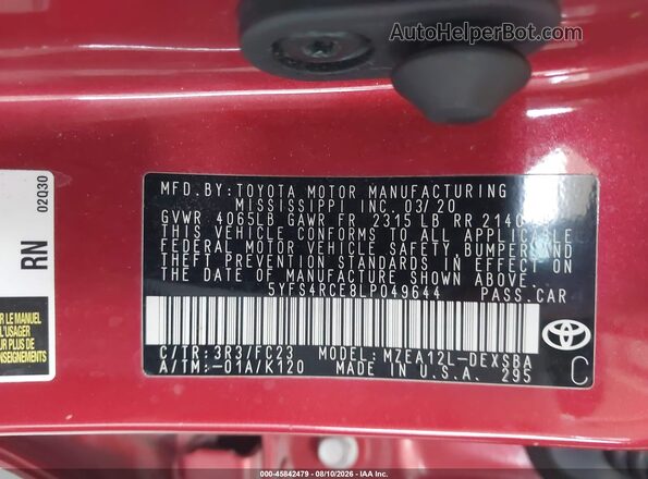5YFS4RCE8LP049644 2020 TOYOTA COROLLA Red Engine compartment view