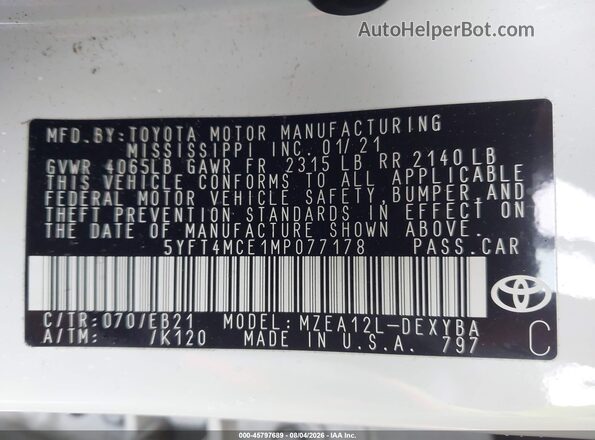 5YFT4MCE1MP077178 2021 TOYOTA COROLLA White Engine compartment view