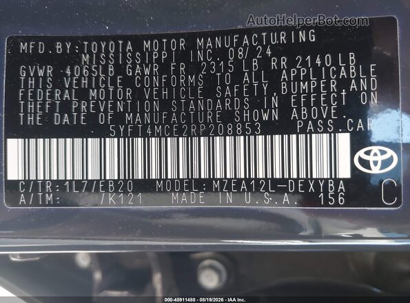 5YFT4MCE2RP208853 2024 TOYOTA COROLLA Серый Вид подкапотного пространства
