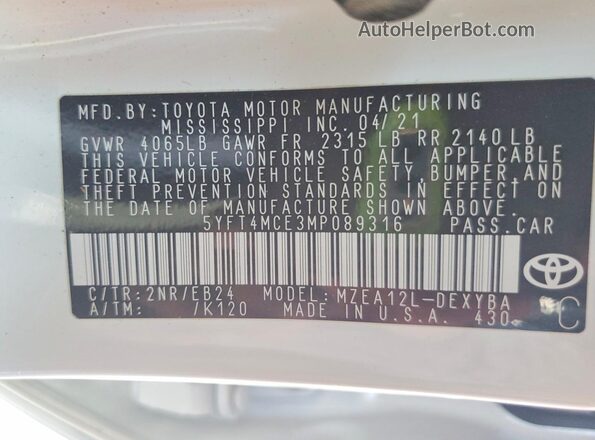 5YFT4MCE3MP089316 2021 TOYOTA COROLLA White Շարժիչի բաժամունքի տեսք