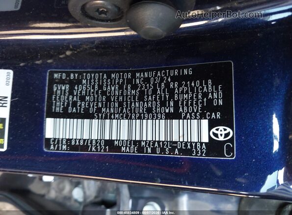 5YFT4MCE7RP190396 2024 TOYOTA COROLLA Blue Vista del compartimento del motor