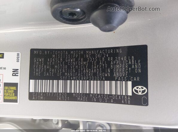 5YFT4MCE8RP203074 2024 TOYOTA COROLLA Silver Շարժիչի բաժամունքի տեսք