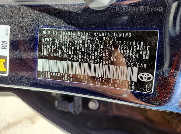 5YFVPMAE1MP263998 2021 TOYOTA COROLLA Blue Вид підкапотного простору