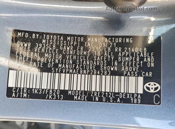 5YFVPMAE8NP284283 2022 TOYOTA COROLLA Blue Engine compartment view