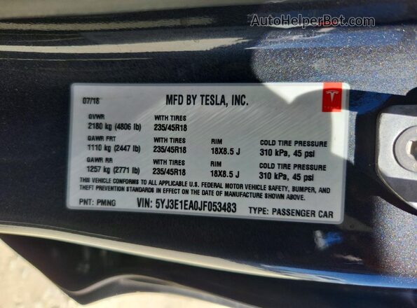 5YJ3E1EA0JF053483 2018 TESLA MODEL Charcoal ძრავის განყოფილების ხედი