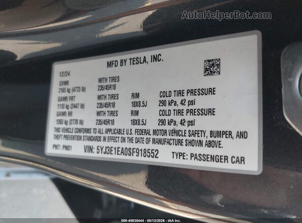 5YJ3E1EA0SF918552 2025 TESLA MODEL 3 Gray Vista del compartimento del motor
