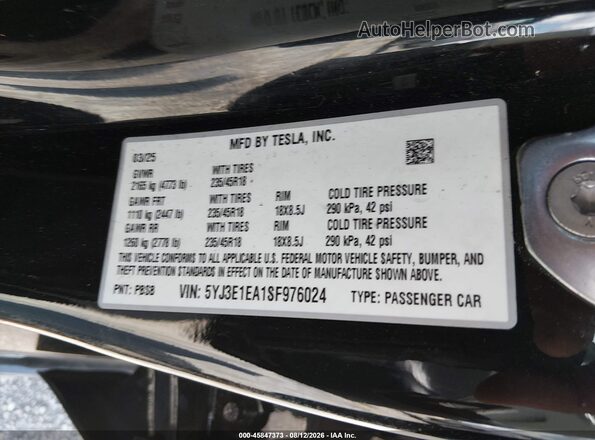 5YJ3E1EA1SF976024 2025 TESLA MODEL 3 Black Շարժիչի բաժամունքի տեսք