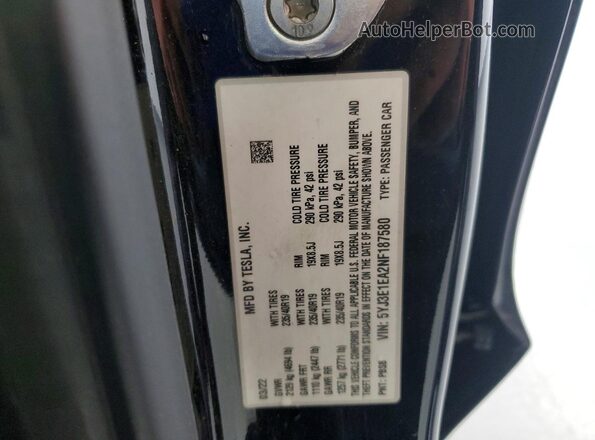 5YJ3E1EA2NF187580 2022 TESLA MODEL Black Շարժիչի բաժամունքի տեսք