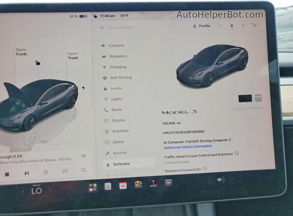5YJ3E1EA2NF285685 2022 TESLA MODEL Gray ხელსაწყოთა პანელის ხედი