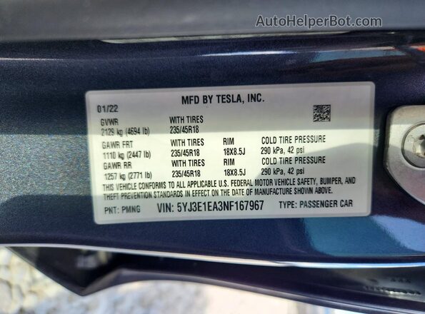 5YJ3E1EA3NF167967 2022 TESLA MODEL Charcoal Вид підкапотного простору