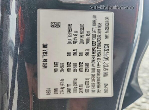 5YJ3E1EA3RF732031 2024 TESLA MODEL Угольный Вид наклейки с VIN-кодом