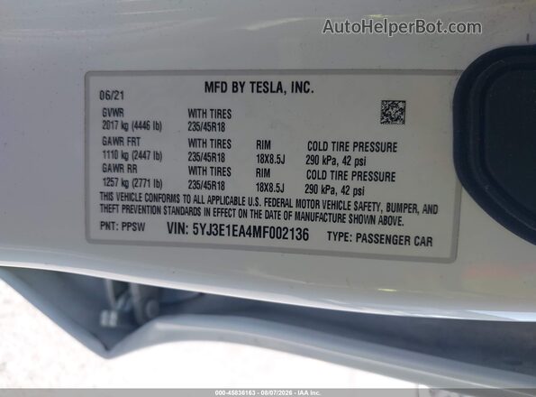 5YJ3E1EA4MF002136 2021 TESLA MODEL 3 Белый Вид подкапотного пространства