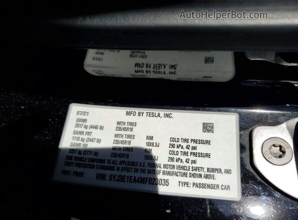 5YJ3E1EA4MF023035 2021 TESLA MODEL Black VIN sticker view