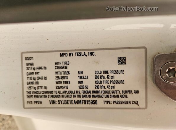 5YJ3E1EA4MF915950 2021 TESLA MODEL White VIN sticker view