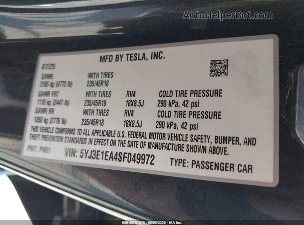 5YJ3E1EA4SF049972 2025 TESLA MODEL 3 Black ძრავის განყოფილების ხედი