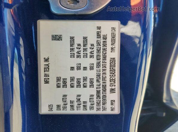 5YJ3E1EA5SF003504 2025 TESLA MODEL Blue Widok naklejki z numerem VIN