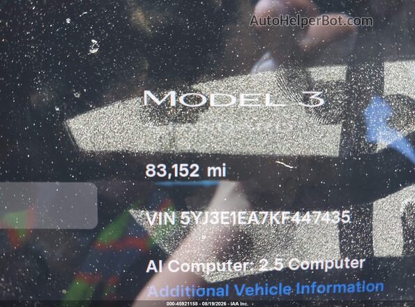 5YJ3E1EA7KF447435 2019 TESLA MODEL 3 Gray უკანა სავარძლების ხედი