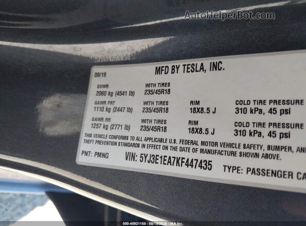 5YJ3E1EA7KF447435 2019 TESLA MODEL 3 Gray ძრავის განყოფილების ხედი