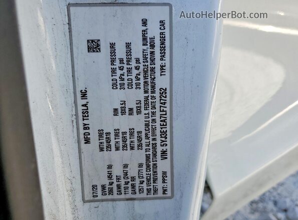 5YJ3E1EA7LF747252 2020 TESLA MODEL White Widok naklejki z numerem VIN
