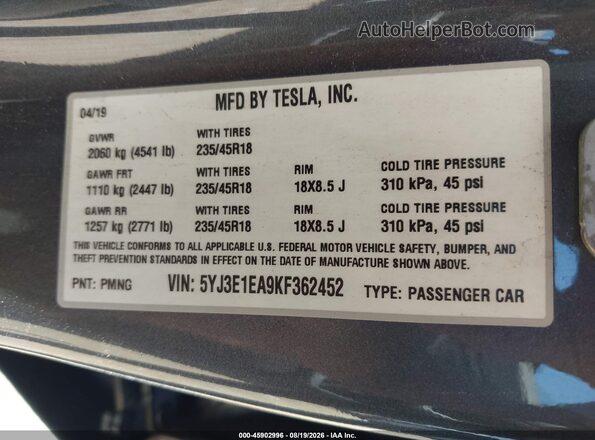 5YJ3E1EA9KF362452 2019 TESLA MODEL 3 Gray Շարժիչի բաժամունքի տեսք